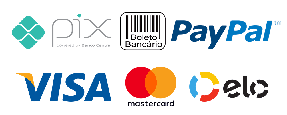 Formas de pagamento: PIX, Boleto, PayPal, Visa, Mastercard, Elo