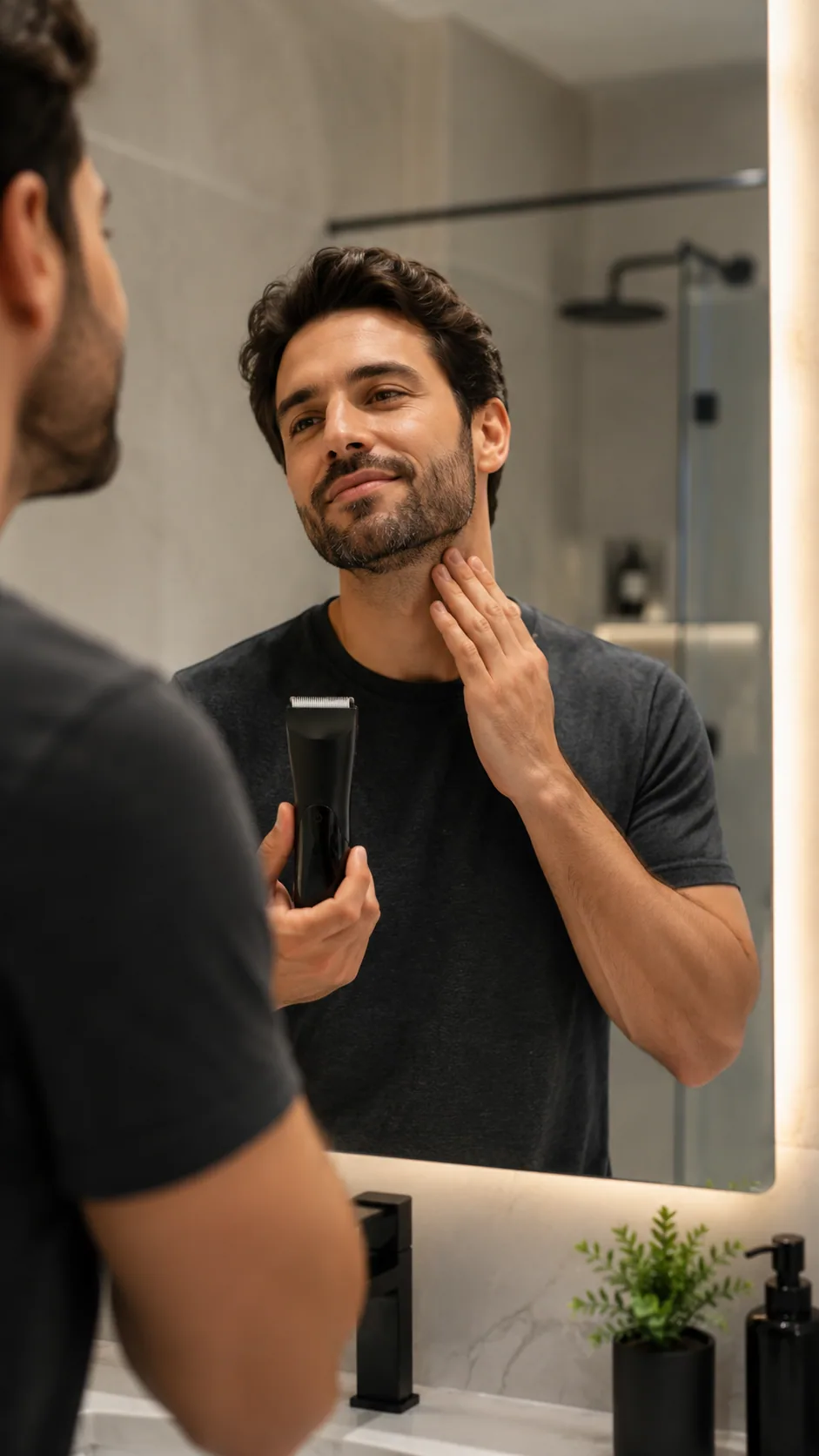 Homem com pele tranquila segurando o Safe Groom no banheiro