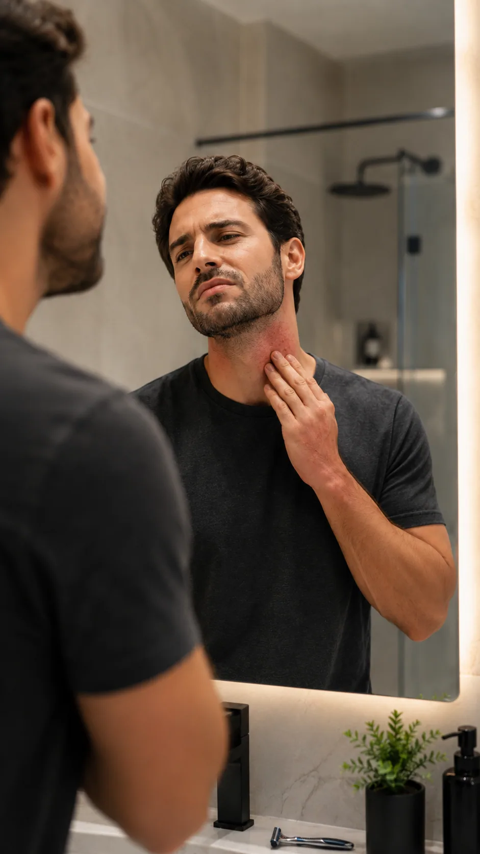 Homem observando irritação na pele causada por lâmina comum